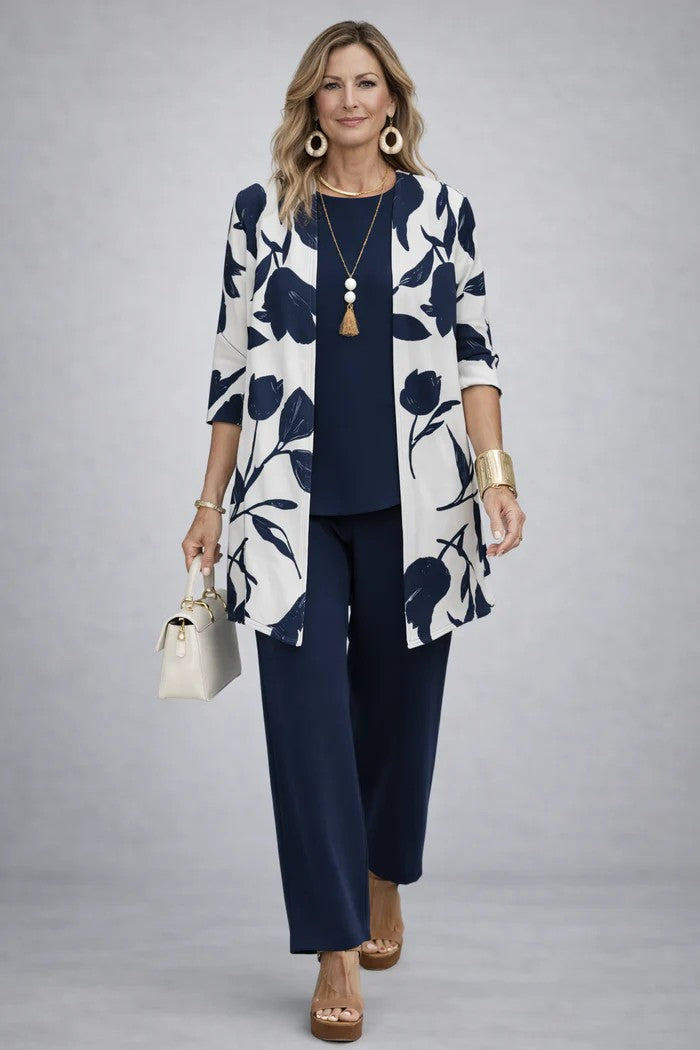 Women's Three-Piece Set – Printed Open Cardigan Top and Trousers
