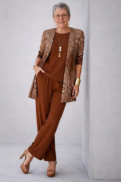 Women's Three-Piece Set – Printed Open Cardigan Top and Trousers