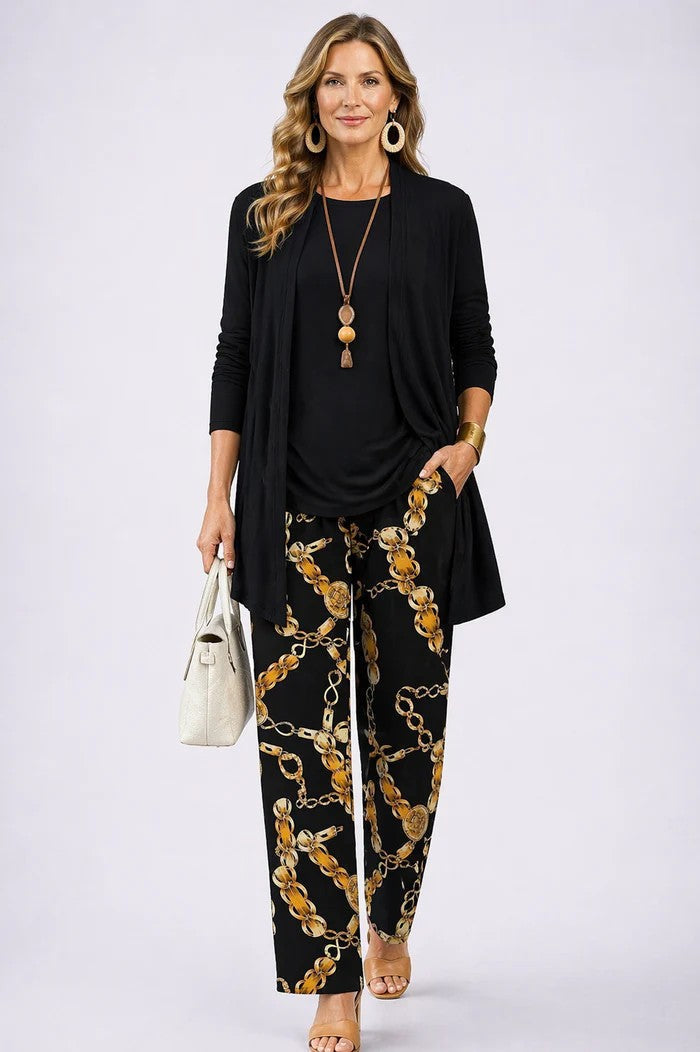 Women's Three-Piece Set – Printed Open Cardigan Top and Trousers