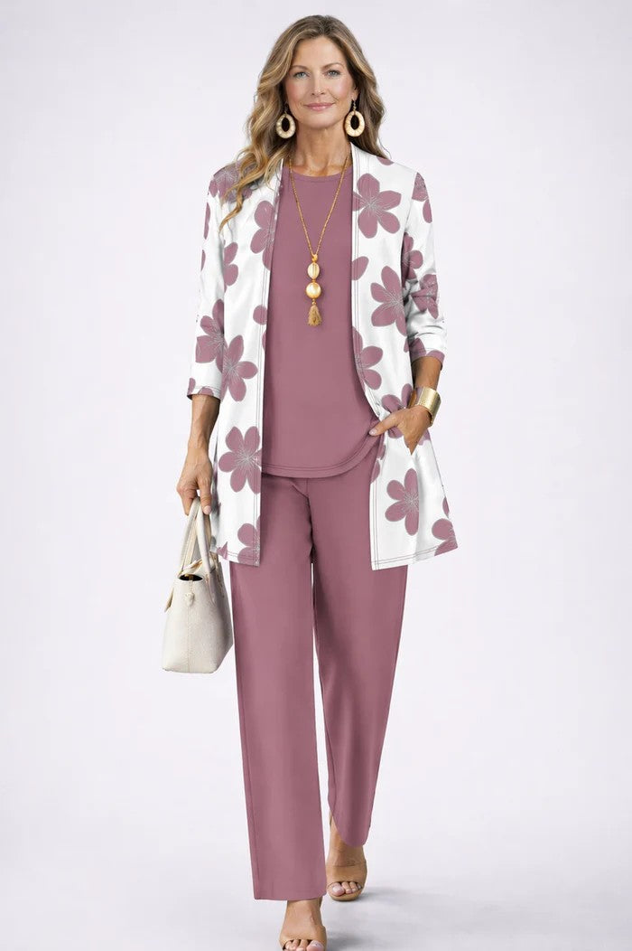 Women's Three-Piece Set – Printed Open Cardigan Top and Trousers