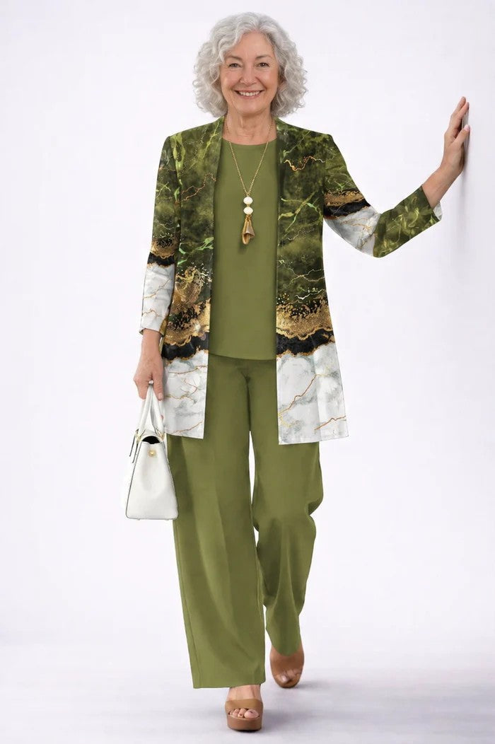Women's Three-Piece Set – Printed Open Cardigan Top and Trousers