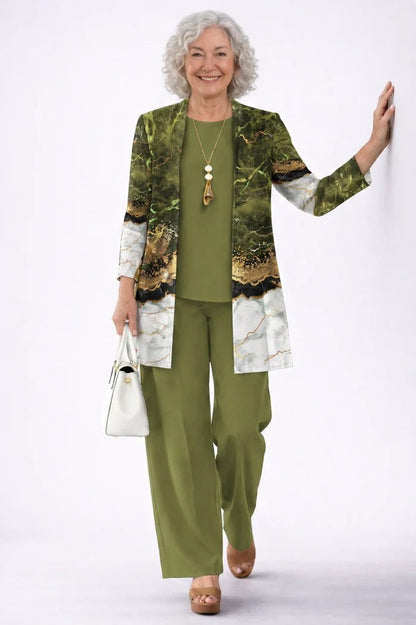 Women's Three-Piece Set – Printed Open Cardigan Top and Trousers
