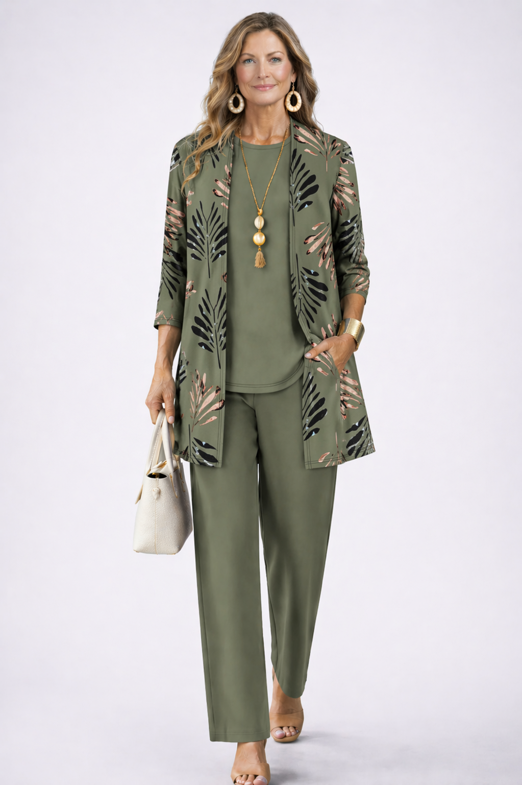 Women's Three-Piece Set – Printed Open Cardigan Top and Trousers