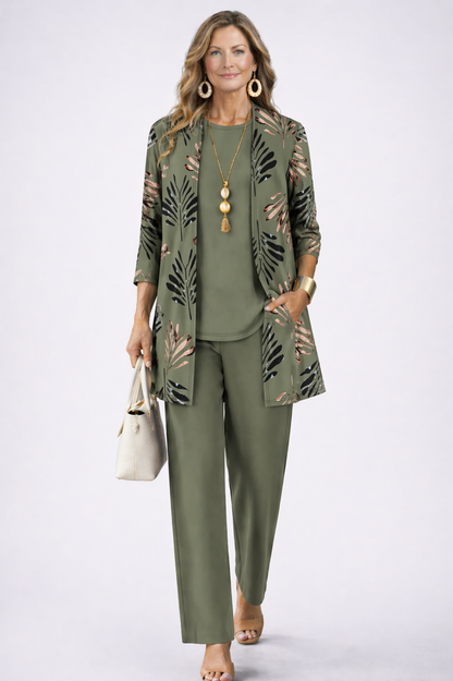 Women's Three-Piece Set – Printed Open Cardigan Top and Trousers