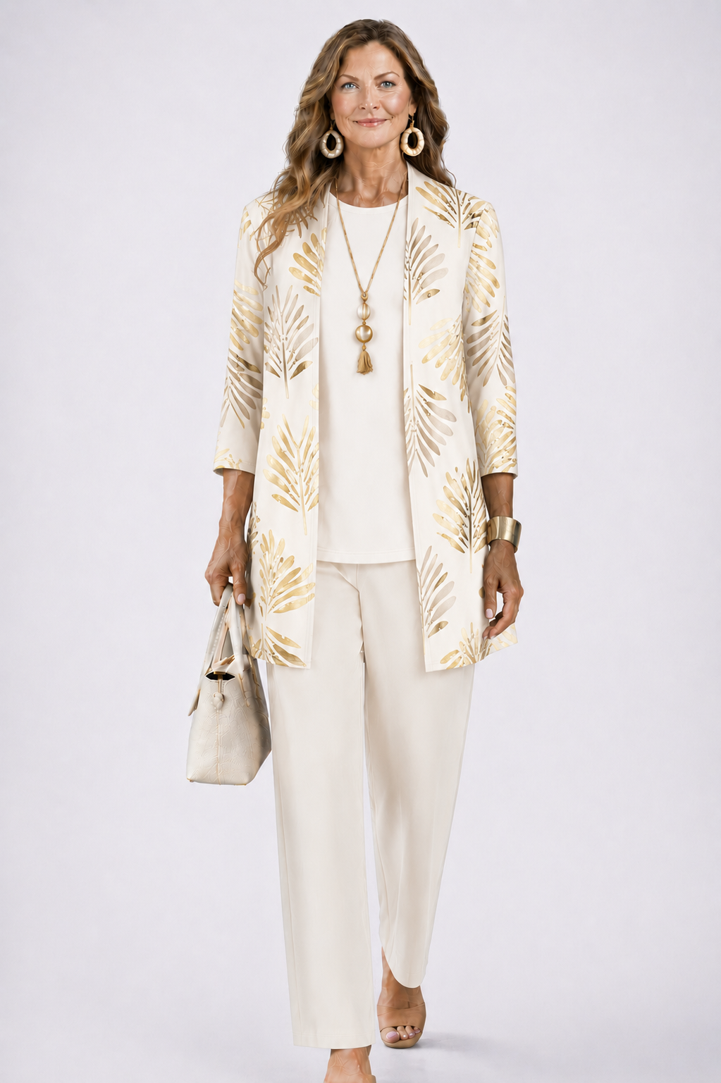 Women's Three-Piece Set – Printed Open Cardigan Top and Trousers