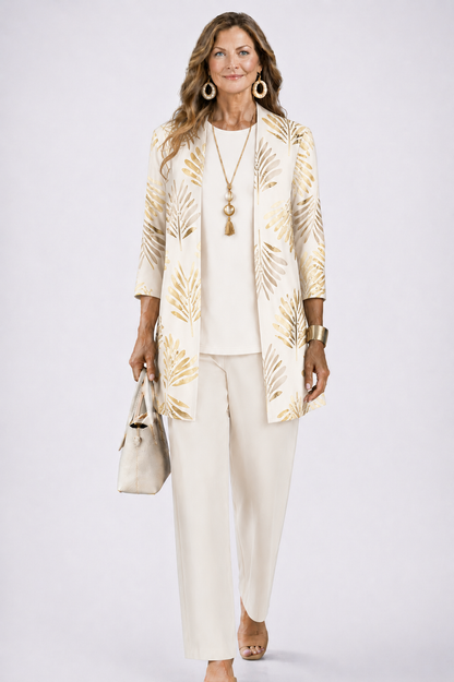 Women's Three-Piece Set – Printed Open Cardigan Top and Trousers