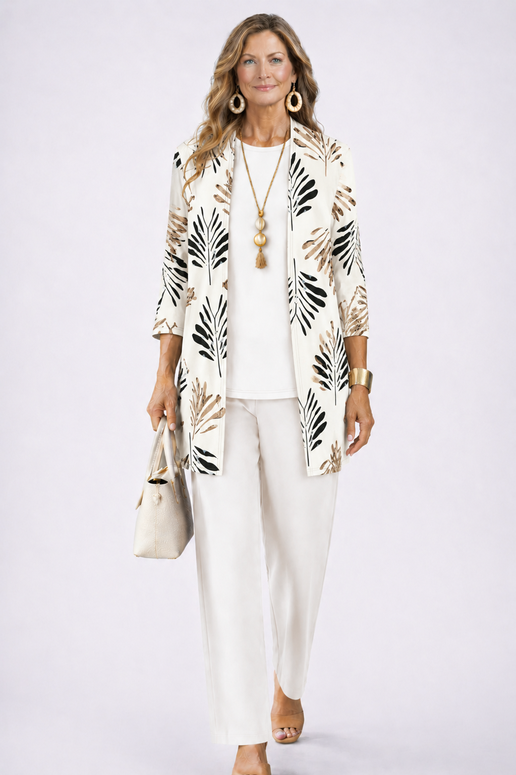 Women's Three-Piece Set – Printed Open Cardigan Top and Trousers