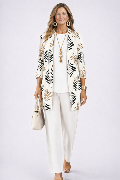 Women's Three-Piece Set – Printed Open Cardigan Top and Trousers