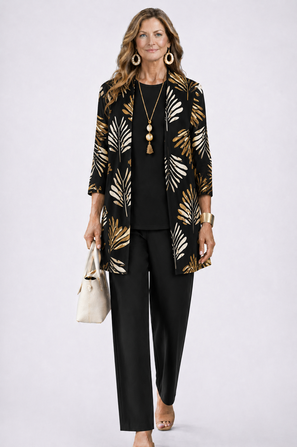 Women's Three-Piece Set – Printed Open Cardigan Top and Trousers