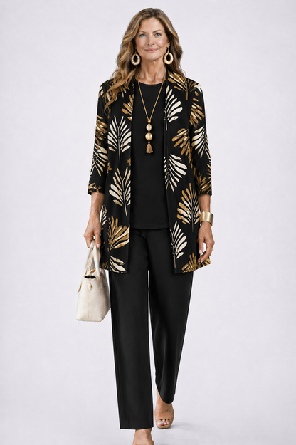 Women's Three-Piece Set – Printed Open Cardigan Top and Trousers