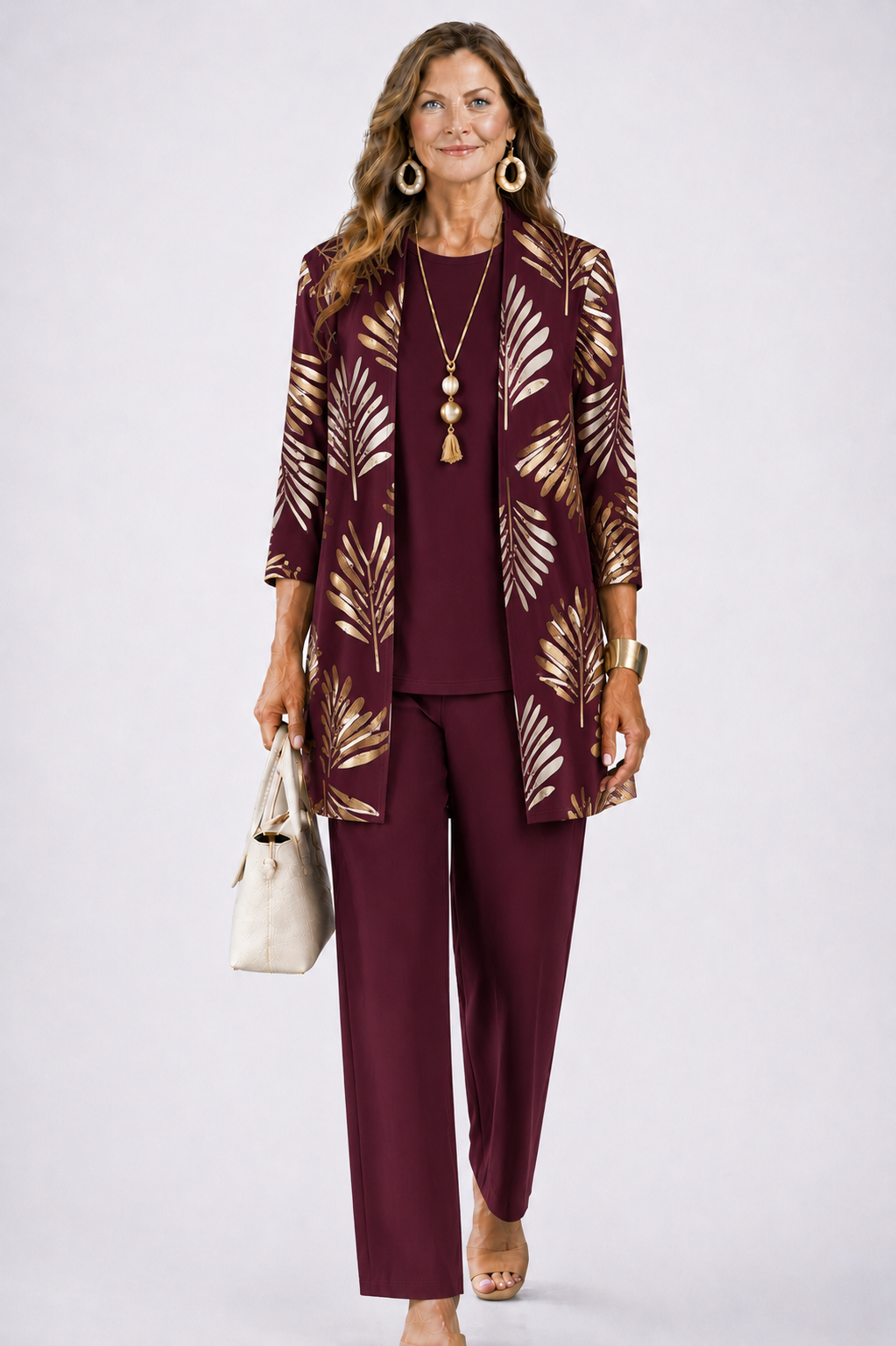 Women's Three-Piece Set – Printed Open Cardigan Top and Trousers