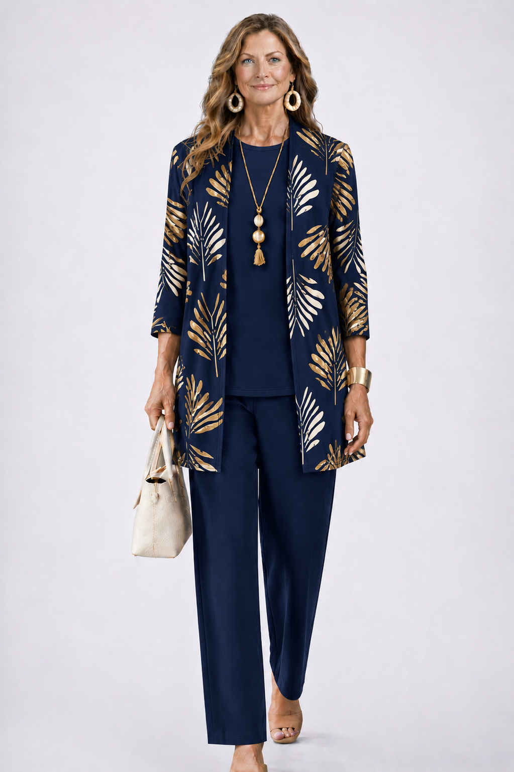 Women's Three-Piece Set – Printed Open Cardigan Top and Trousers