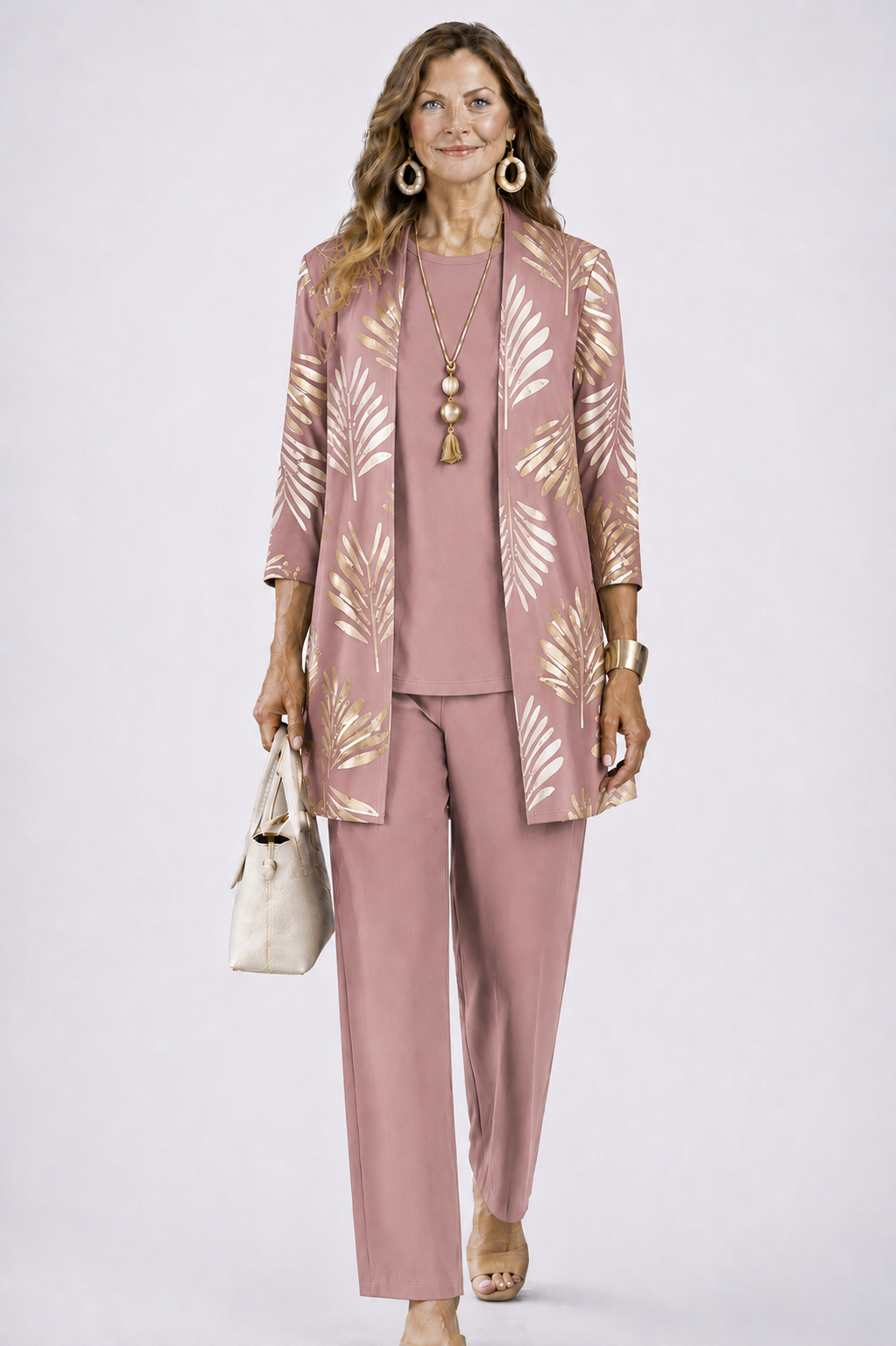 Women's Three-Piece Set – Printed Open Cardigan Top and Trousers