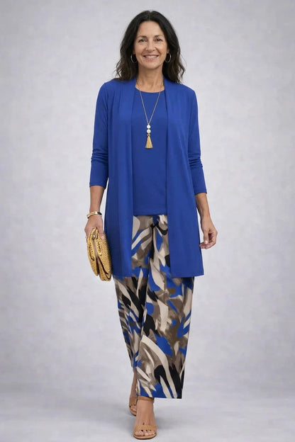 Women's Three-Piece Set – Printed Open Cardigan Top and Trousers