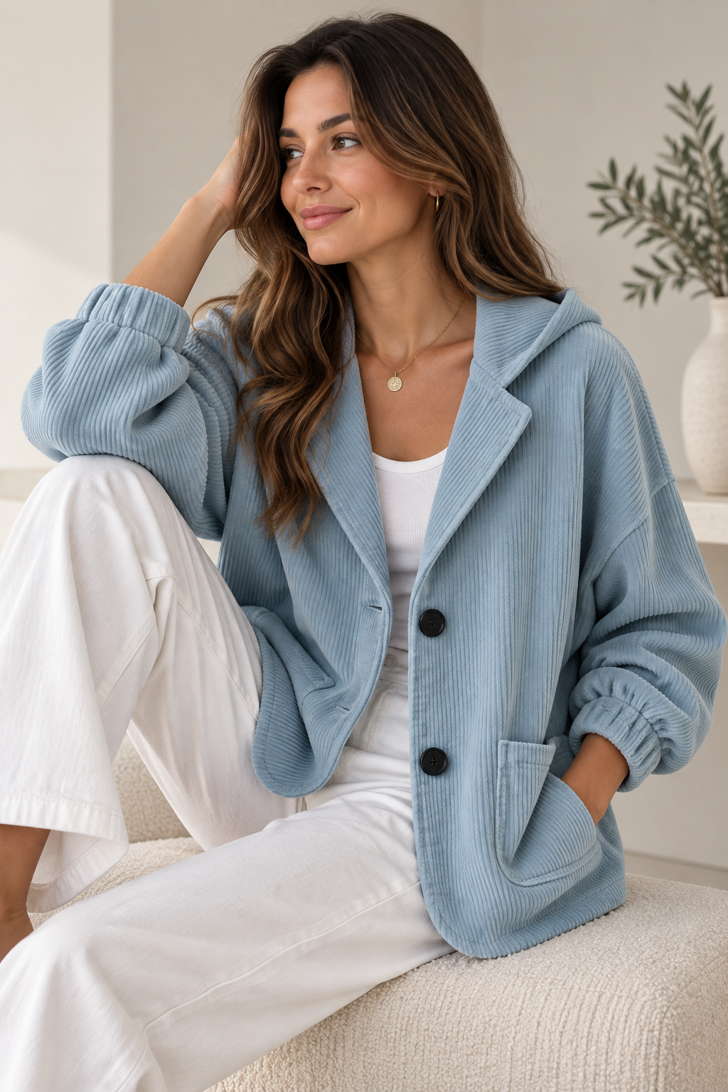 Women's Corduroy-Look Jacket – Oversized Hooded Buttoned