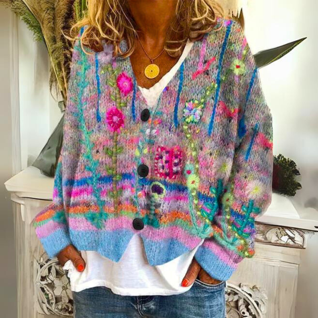 Women's Floral Embroidered V-Neck Cardigan in Blue