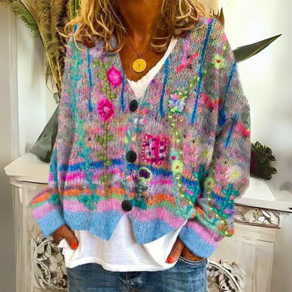 Women's Floral Embroidered V-Neck Cardigan in Blue