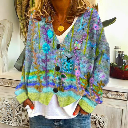 Women's Floral Embroidered V-Neck Cardigan in Green