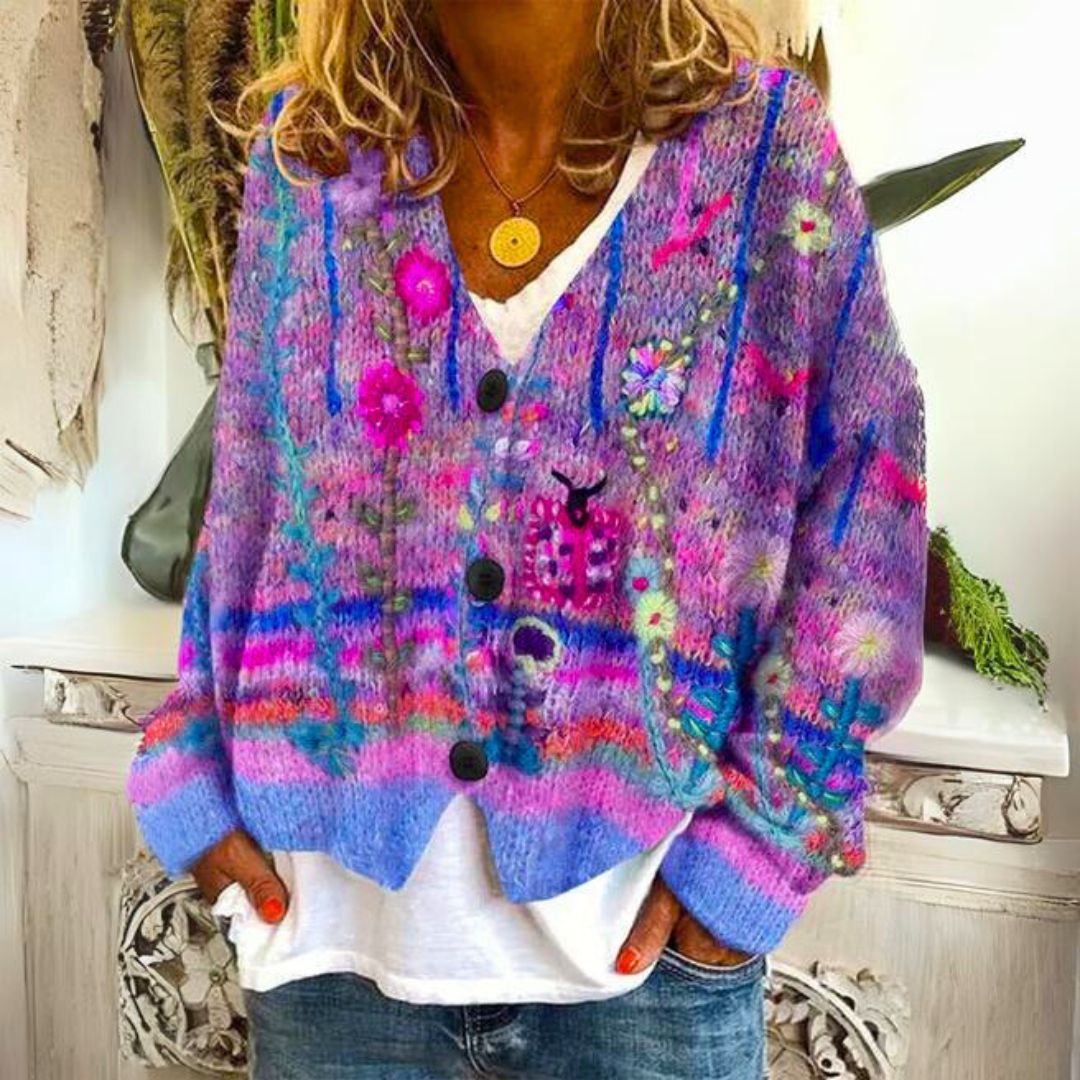 Women's Floral Embroidered V-Neck Cardigan in Purple