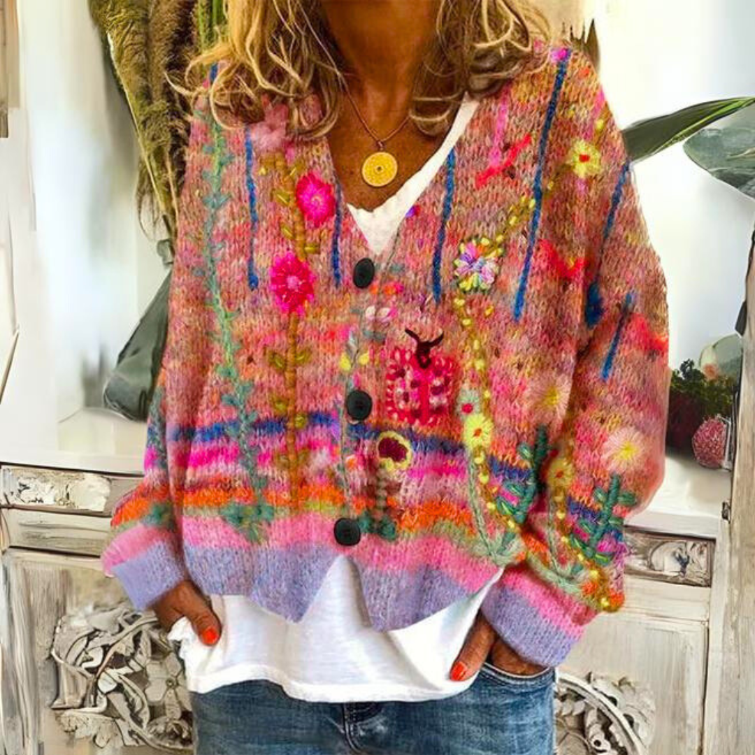 Women's Floral Embroidered V-Neck Cardigan in Red