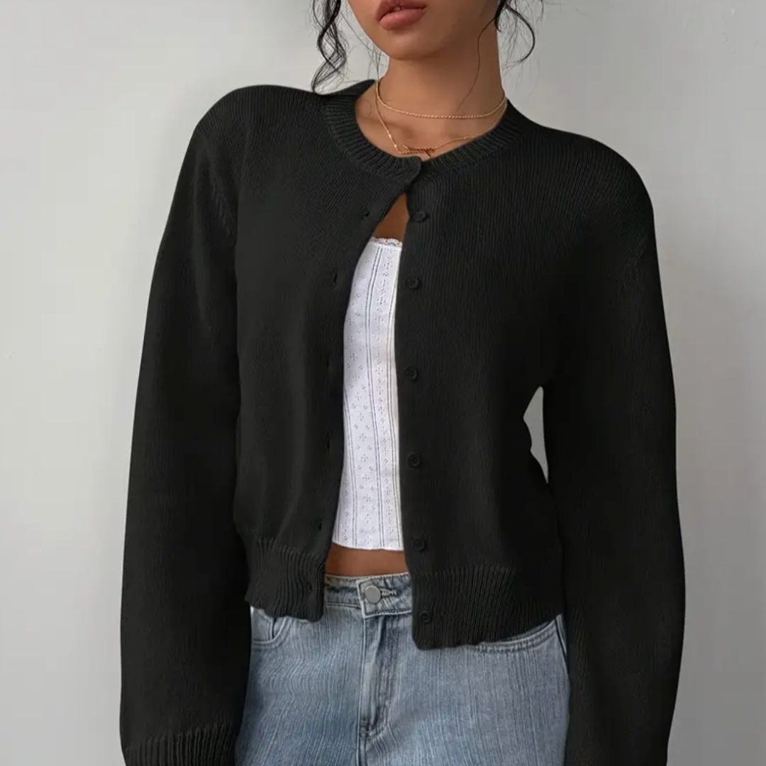 Women's Cropped Cardigan – Ribbed Knit Buttoned Crew Neck