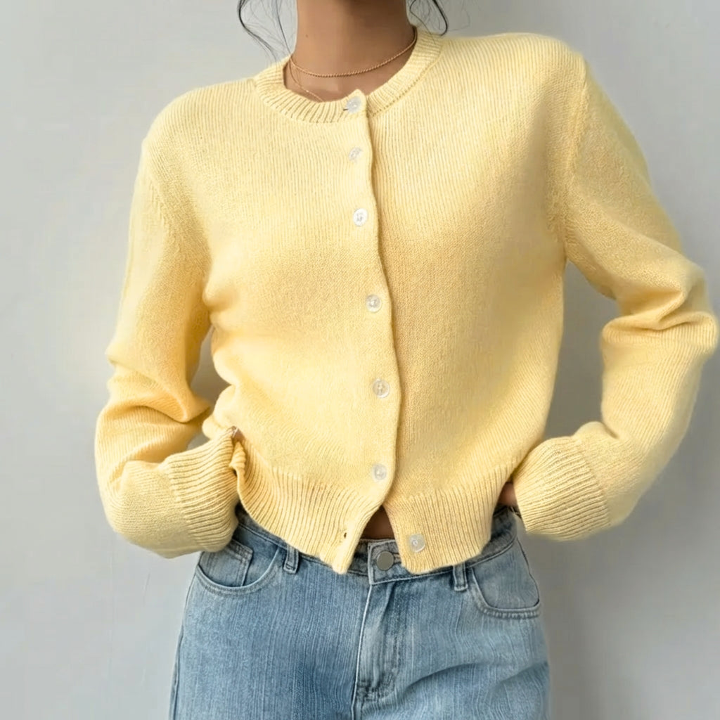 Women's Cropped Cardigan – Ribbed Knit Buttoned Crew Neck