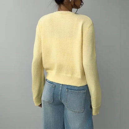 Women's Cropped Cardigan – Ribbed Knit Buttoned Crew Neck