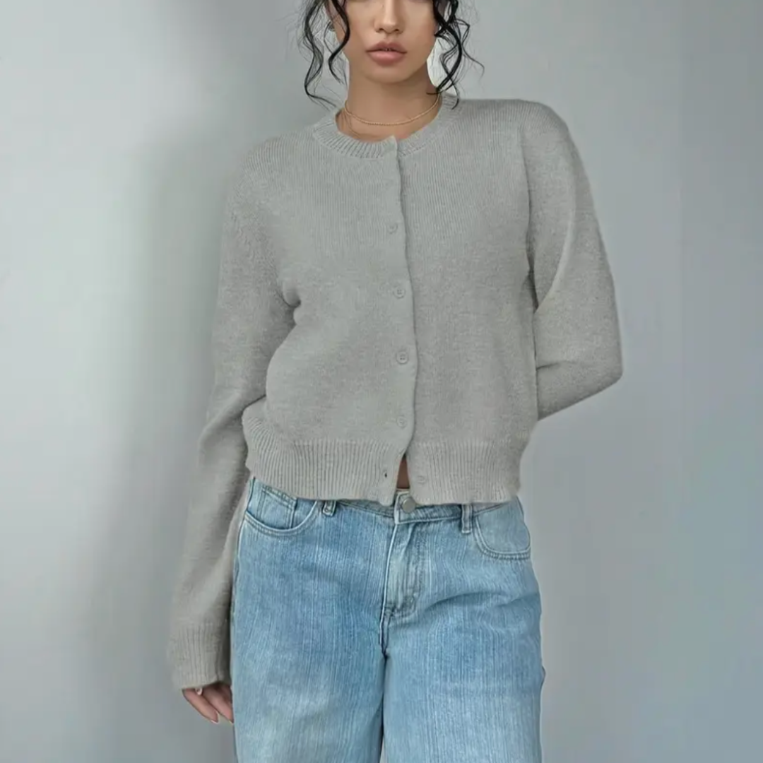 Women's Cropped Cardigan – Ribbed Knit Buttoned Crew Neck