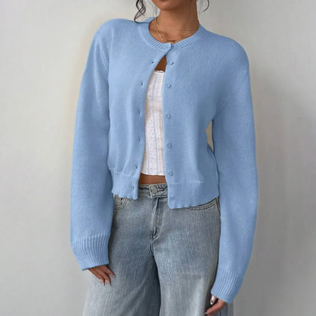 Women's Cropped Cardigan – Ribbed Knit Buttoned Crew Neck