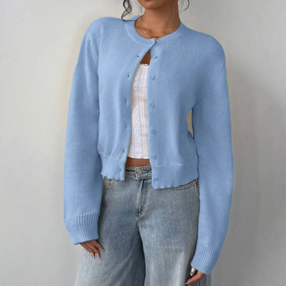 Women's Cropped Cardigan – Ribbed Knit Buttoned Crew Neck