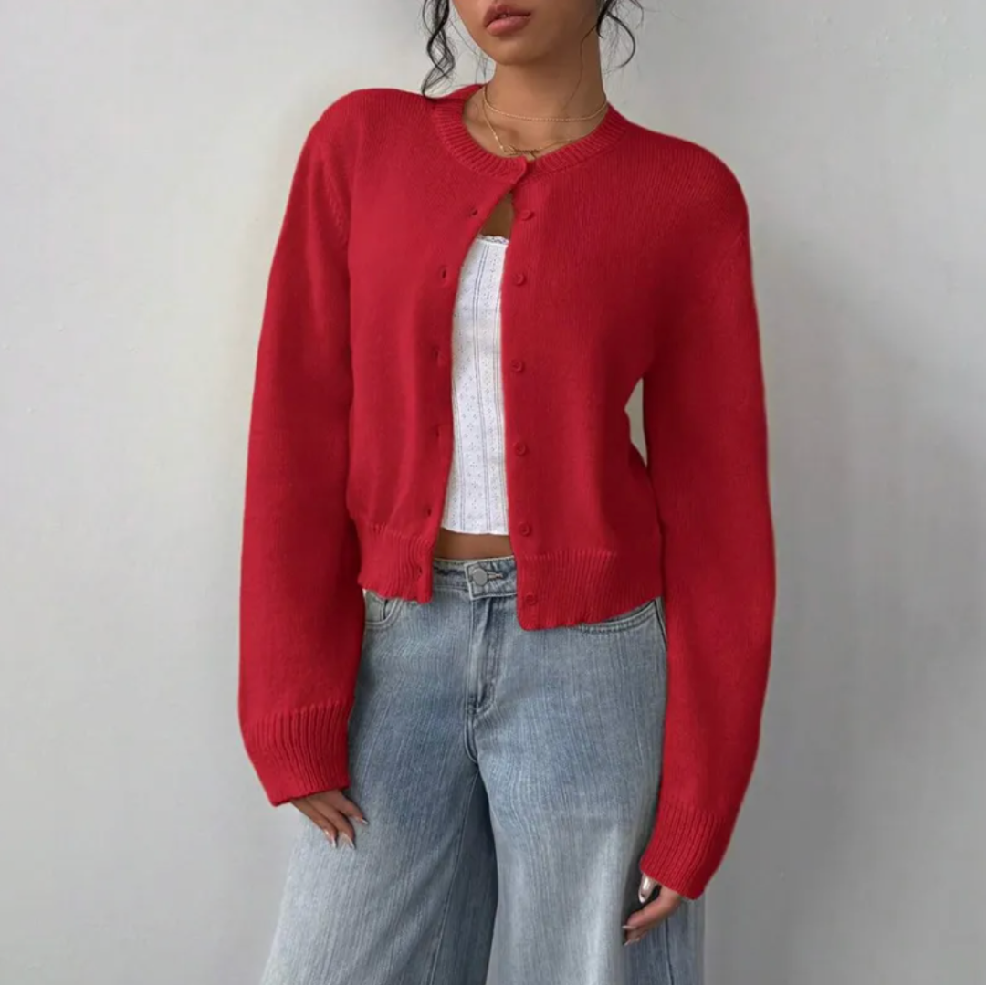 Women's Cropped Cardigan – Ribbed Knit Buttoned Crew Neck