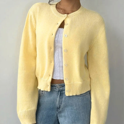 Women's Cropped Cardigan – Ribbed Knit Buttoned Crew Neck