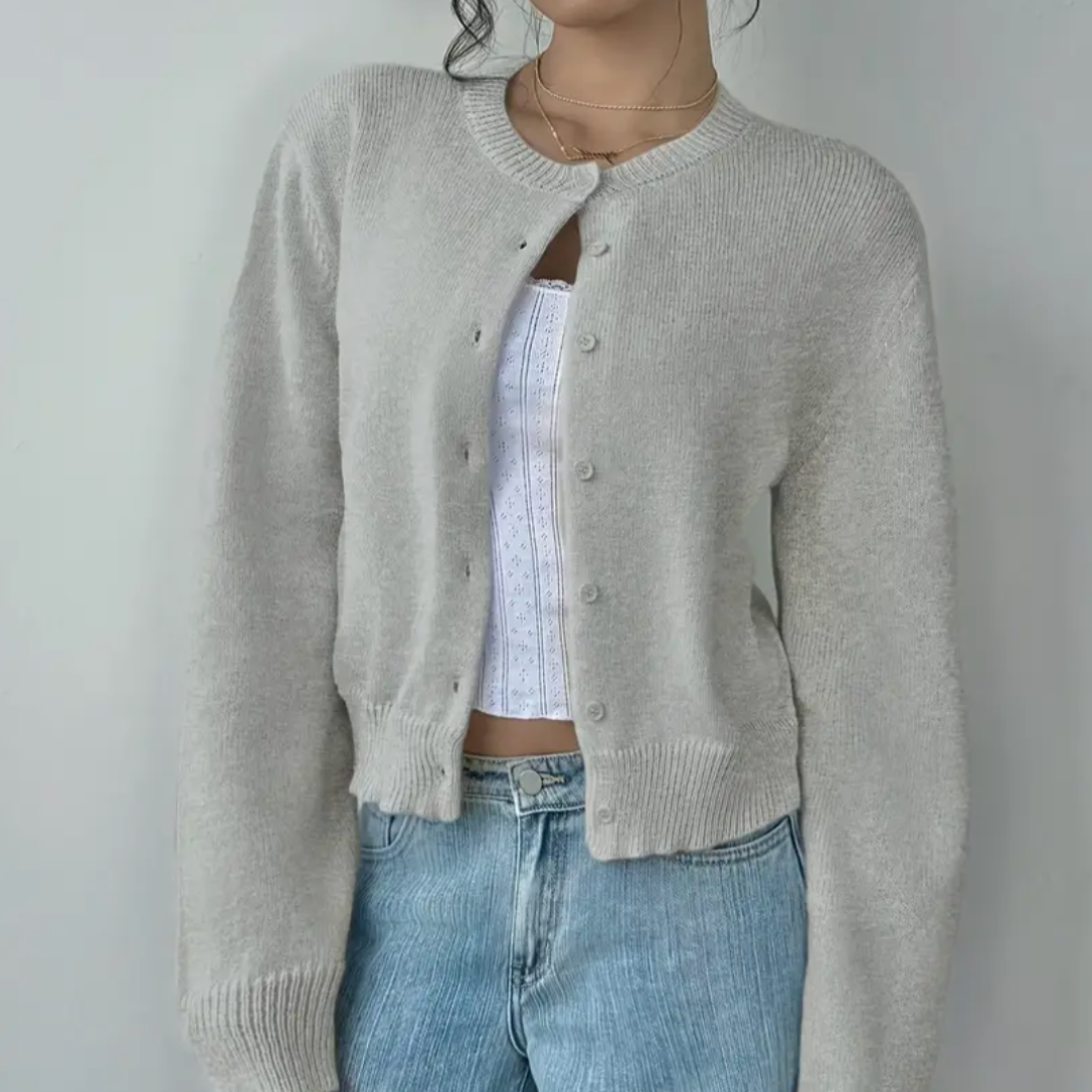 Women's Cropped Cardigan – Ribbed Knit Buttoned Crew Neck
