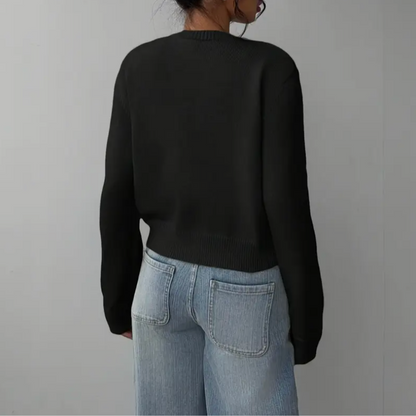Women's Cropped Cardigan – Ribbed Knit Buttoned Crew Neck