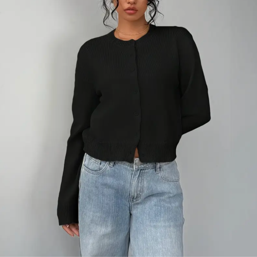 Women's Cropped Cardigan – Ribbed Knit Buttoned Crew Neck