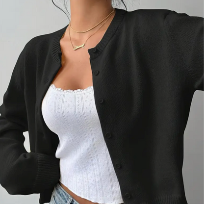 Women's Cropped Cardigan – Ribbed Knit Buttoned Crew Neck
