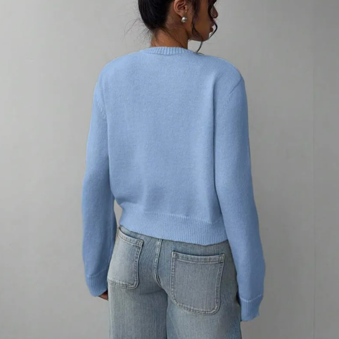 Women's Cropped Cardigan – Ribbed Knit Buttoned Crew Neck