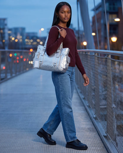 Women's Large Biker Style Tote Bag – School Bag with Buckles