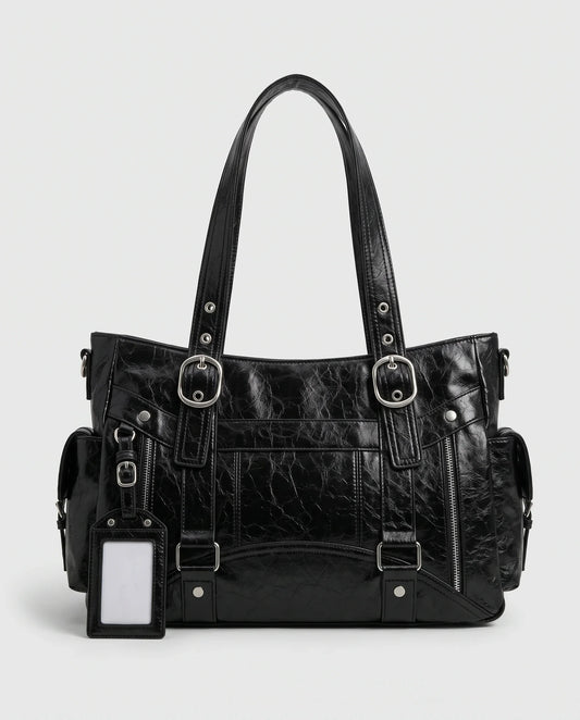 Women's Large Biker Style Tote Bag – School Bag with Buckles