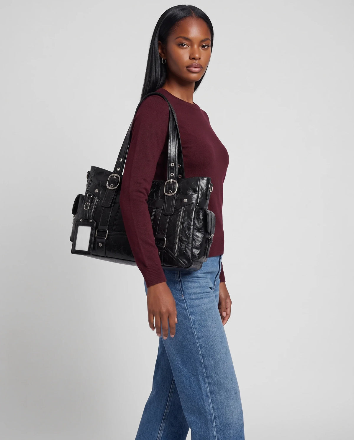 Women's Large Biker Style Tote Bag – School Bag with Buckles