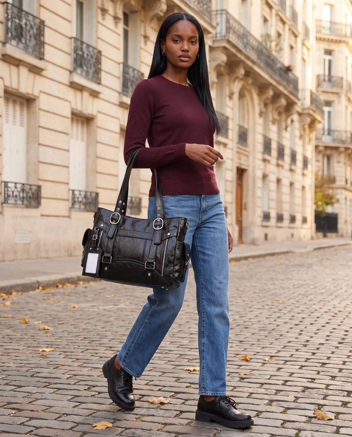 Women's Large Biker Style Tote Bag – School Bag with Buckles