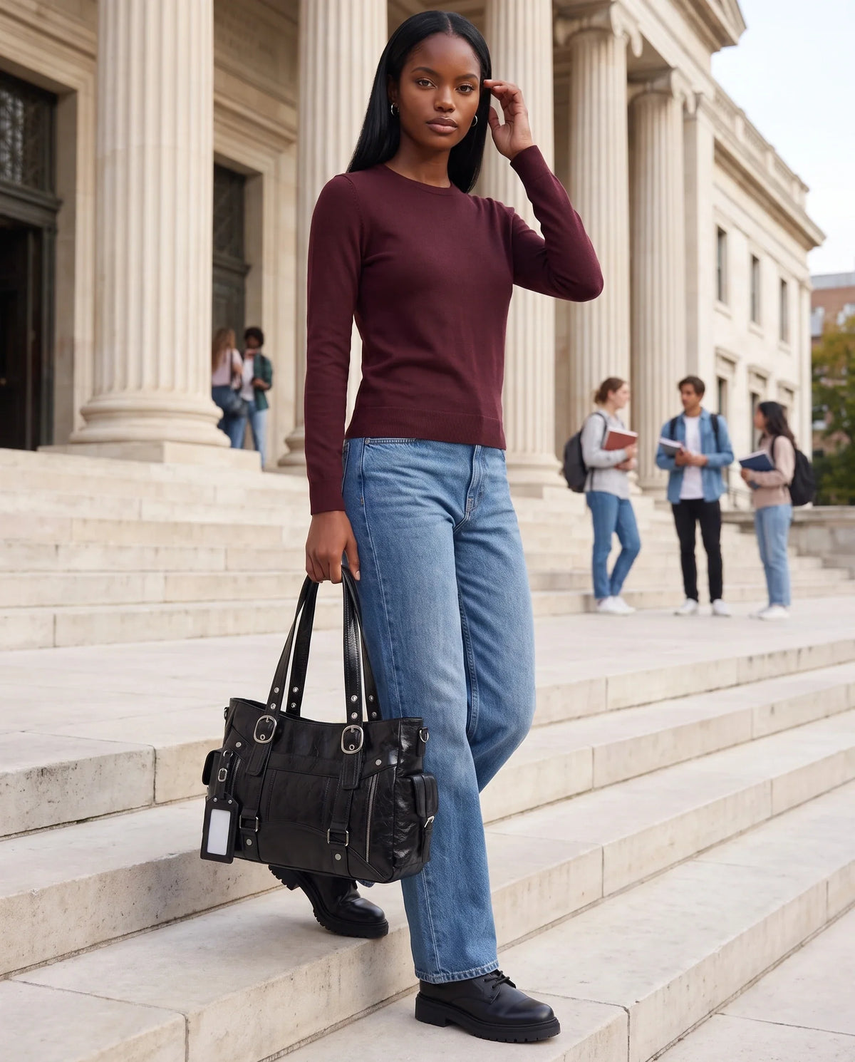 Women's Large Biker Style Tote Bag – School Bag with Buckles