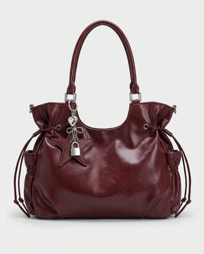 Women's Large Faux Leather Hobo Bag – School Bag with Charm