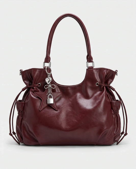 Women's Large Faux Leather Hobo Bag – School Bag with Charm
