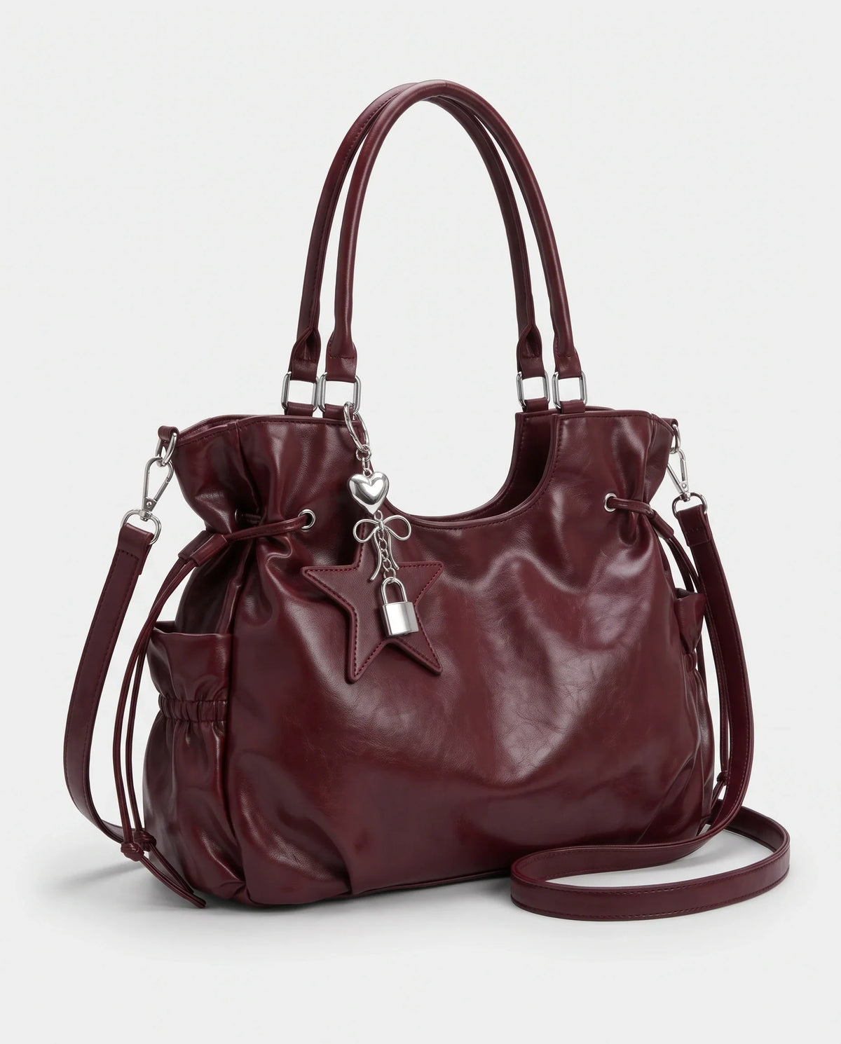 Women's Large Faux Leather Hobo Bag – School Bag with Charm