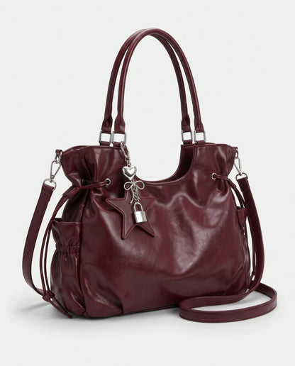 Women's Large Faux Leather Hobo Bag – School Bag with Charm
