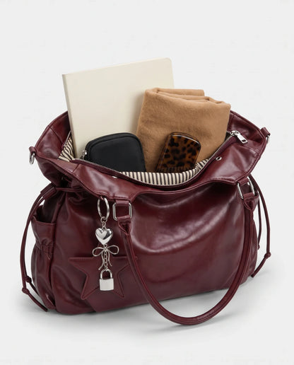 Women's Large Faux Leather Hobo Bag – School Bag with Charm