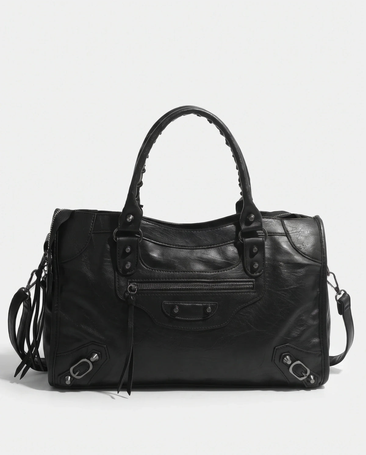 Women's Large Studded Biker Crossbody Bag with Fringe