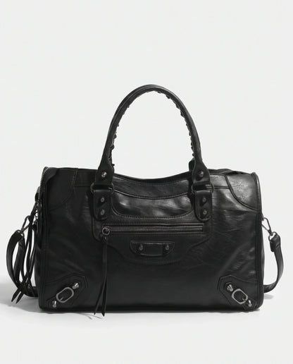 Women's Large Studded Biker Crossbody Bag with Fringe