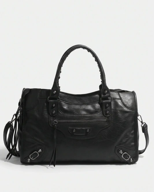Women's Large Studded Biker Crossbody Bag with Fringe